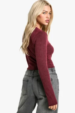 Long Sleeve Tops*boohoo Rib zip front long sleeve Top burgundy