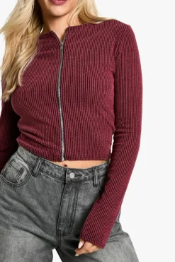 Long Sleeve Tops*boohoo Rib zip front long sleeve Top burgundy