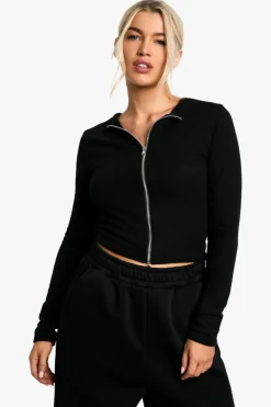 Long Sleeve Tops*boohoo Rib zip front long sleeve Top black