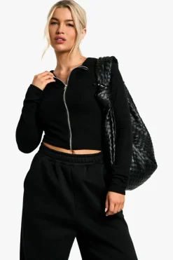 Long Sleeve Tops*boohoo Rib zip front long sleeve Top black