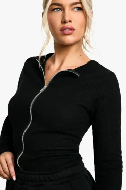 Long Sleeve Tops*boohoo Rib zip front long sleeve Top black