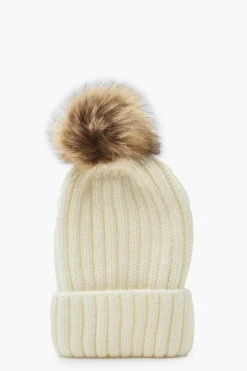 Hats & Gloves|Hats & Gloves*boohoo Ribbed Knit Beanie With Large Faux Fur Pom cream