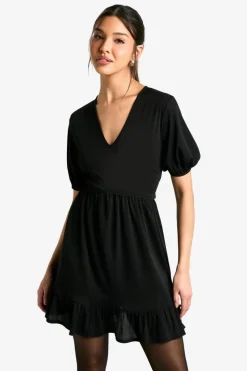 Smock Dresses*boohoo Ribbed Puff Sleeve V Neck Tiered Smock Dress black
