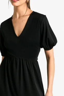 Smock Dresses*boohoo Ribbed Puff Sleeve V Neck Tiered Smock Dress black