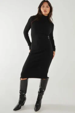 Midi Dresses*Pink Vanilla Ribbed Roll Neck Midi Dress Black