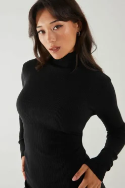 Midi Dresses*Pink Vanilla Ribbed Roll Neck Midi Dress Black