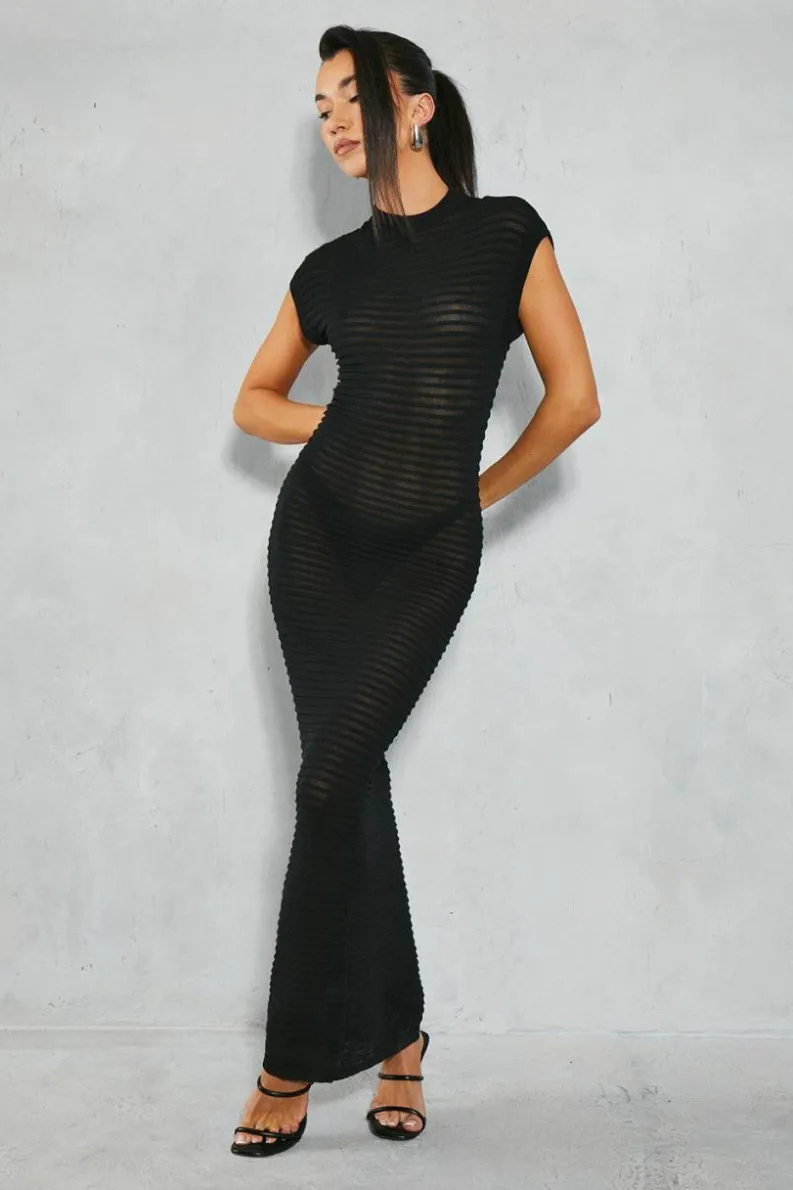 Jumper Dresses|Jumper Dresses*MissPap Ribbed Sheer Knit High Neck Maxi Dress black