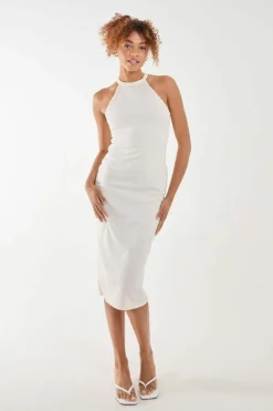 Midi Dresses*Pink Vanilla Ribbed Texture Racer Midi Dress Ivory