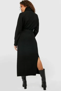 Jumper Dresses|Jumper Dresses*boohoo Roll Neck Belted Knitted Midaxi Dress black