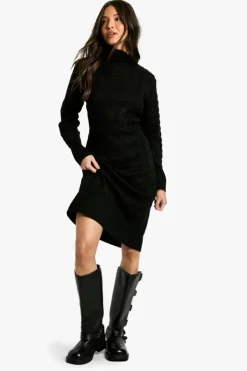 Jumper Dresses|Jumper Dresses*boohoo Roll Neck Cable Jumper Dress black