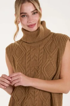 Jumper Dresses|Jumper Dresses*Blue Vanilla Roll Neck Cable Knitted Oversized Sleeveless Jumper Dress Beige