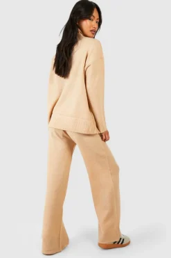 Knitted Co-Ords*boohoo Roll Neck Jumper And Wide Leg Trouser Set sand