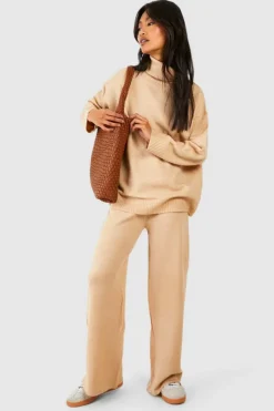 Knitted Co-Ords*boohoo Roll Neck Jumper And Wide Leg Trouser Set sand