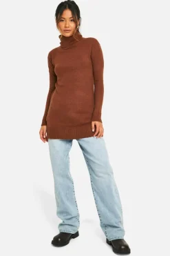 Oversized Jumpers|Jumpers*boohoo Roll Neck Knitted Tunic chocolate