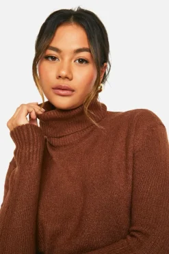Oversized Jumpers|Jumpers*boohoo Roll Neck Knitted Tunic chocolate