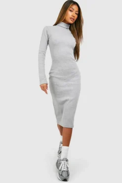 Midi Dresses*boohoo Roll Neck Long Sleeve Midi Dress grey
