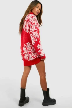 Jumper Dresses|Jumper Dresses*boohoo Roll Neck Snowflake Fluffy Knit Christmas Jumper Dress red