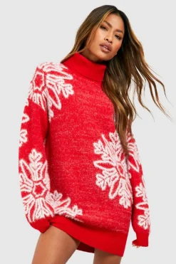 Jumper Dresses|Jumper Dresses*boohoo Roll Neck Snowflake Fluffy Knit Christmas Jumper Dress red