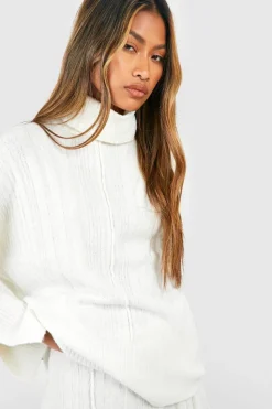 Jumpers*boohoo Roll Neck Soft Mixed Rib Knit Jumper ecru