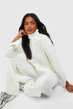 Oversized Jumpers|Jumpers*boohoo Roll Neck Soft Mixed Rib Knit Jumper ecru