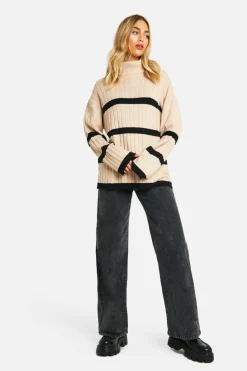 Oversized Jumpers*boohoo Roll Neck Thick Rib Stripe Jumper camel