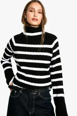 Oversized Jumpers|Jumpers*boohoo Roll Neck Wide Sleeve Stripe Jumper black