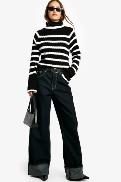 Oversized Jumpers|Jumpers*boohoo Roll Neck Wide Sleeve Stripe Jumper black