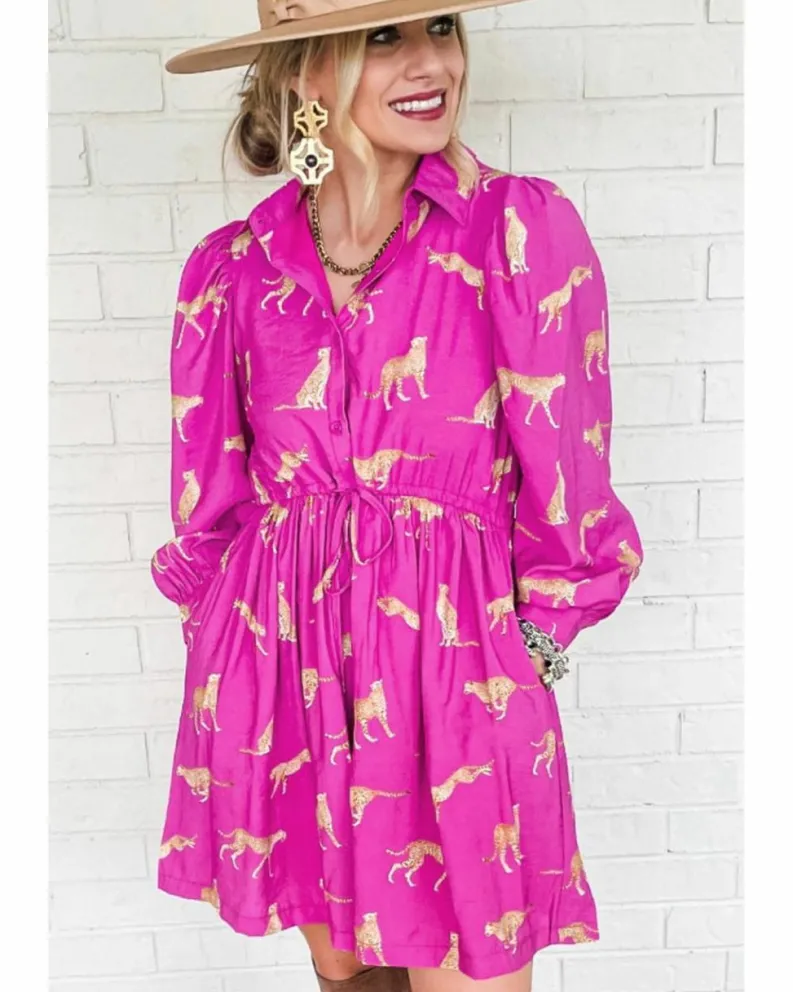 Shirt Dresses*Azura Exchange Cheetah Print Drawstring Tunic Shirt Dress Rose
