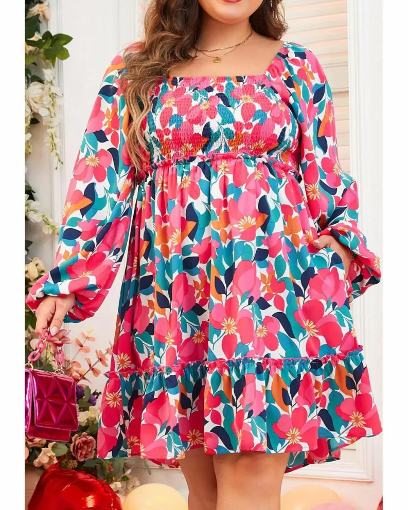 Smock Dresses*Azura Exchange Flower Print Smocked Square Neck Plus Size Dress Rose