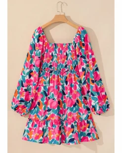 Smock Dresses*Azura Exchange Flower Print Smocked Square Neck Plus Size Dress Rose