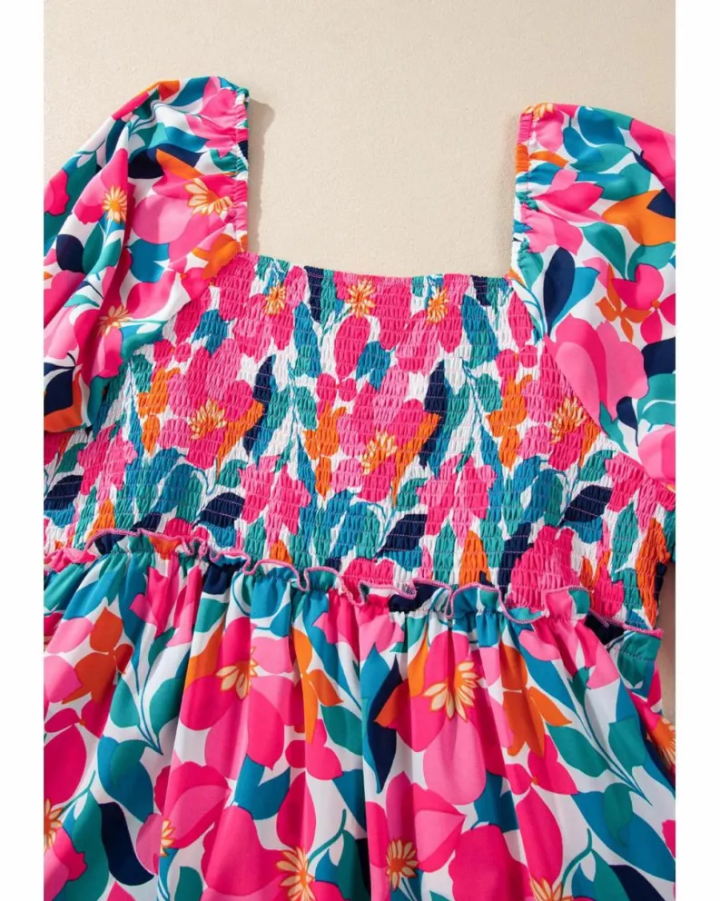 Smock Dresses*Azura Exchange Flower Print Smocked Square Neck Plus Size Dress Rose