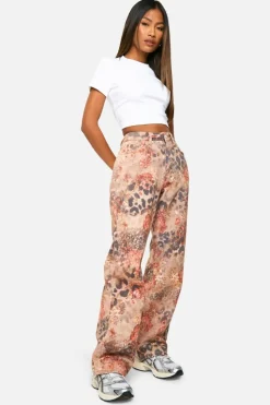 Up To 80% Off Winter Warmers|Denim*boohoo Rose Print Straight Leg Jean leopard