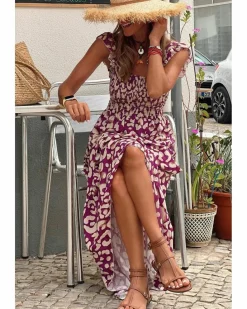 Smock Dresses*Azura Exchange Leopard Ruffle Straps Smocked High Waist Long Dress Rose