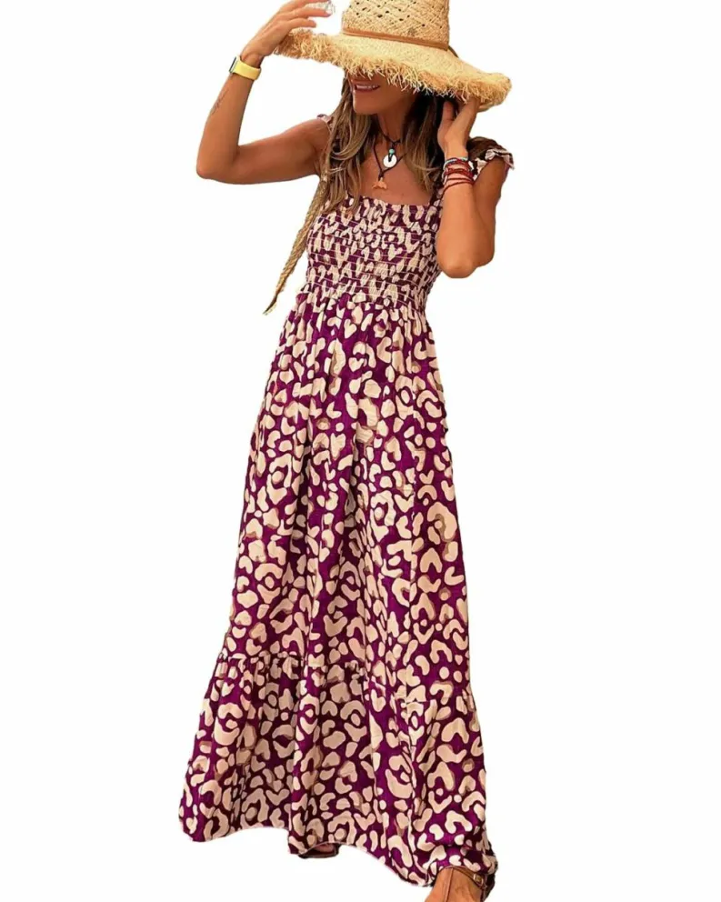 Smock Dresses*Azura Exchange Leopard Ruffle Straps Smocked High Waist Long Dress Rose
