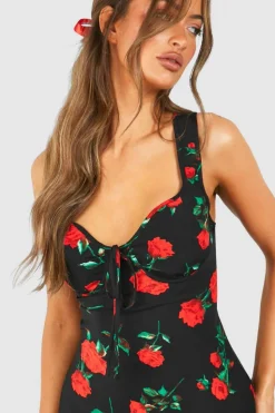 Cami Dresses*boohoo Rose Print Satin Slip Mini Dress black