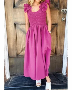 Smock Dresses*Azura Exchange Rose Solid Color Ruffled Straps Smocked Ruched Maxi Dress Red