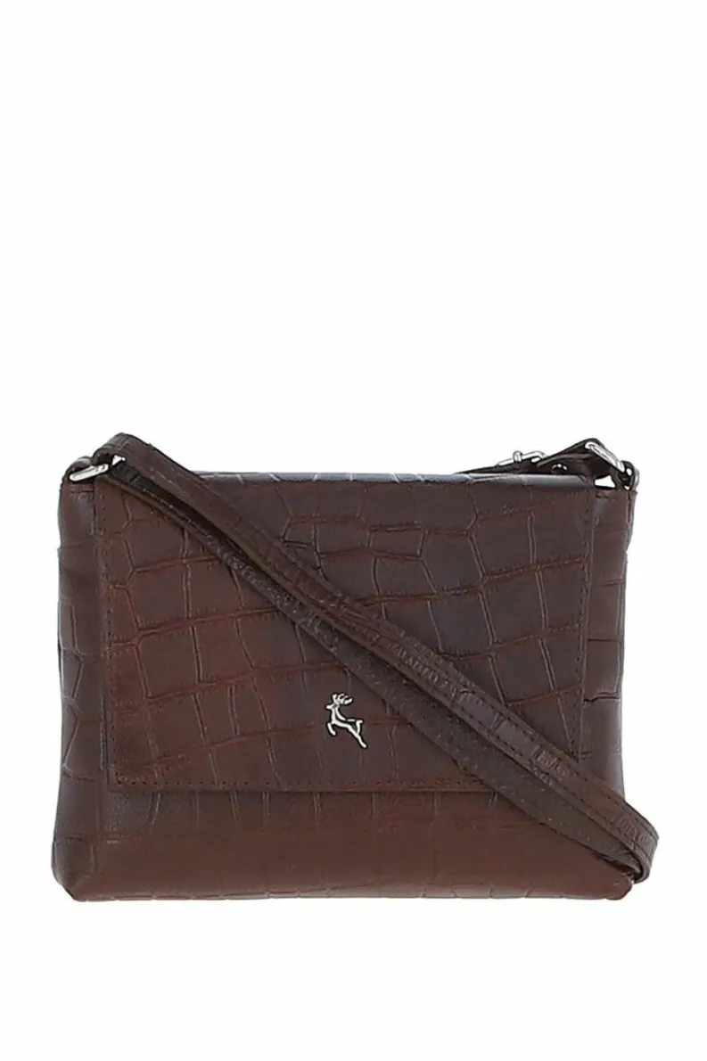 Shoulder Bags*Ashwood Leather Rosea' Flap Over Croc Print Real Leather Shoulder Bag Maroon