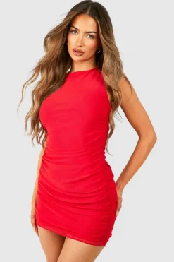 Bodycon Dresses|Mini Dresses*boohoo Rouched Mesh Sleeveless Mini Dress red