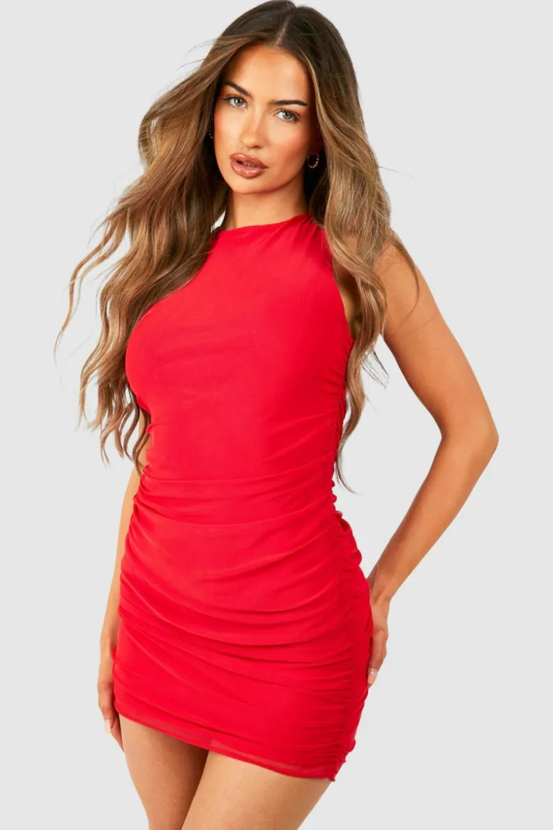 Bodycon Dresses|Mini Dresses*boohoo Rouched Mesh Sleeveless Mini Dress red