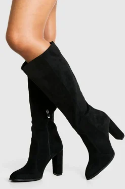 Over The Knee Boots|Knee High Boots*boohoo Round Toe Faux Suede Knee High Boots black