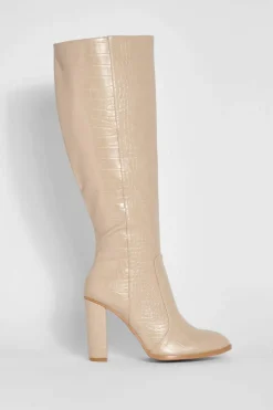 Knee High Boots|All Boots*boohoo Round Toe Knee High Croc Boot cream