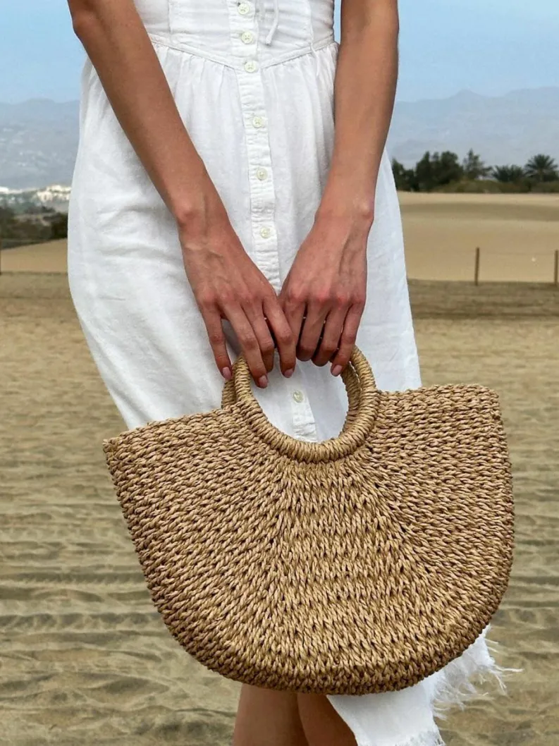 Woven Bags*SVNX Round Woven Straw Holdall With Circular Handle Brown