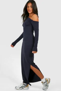 Bodycon Dresses*boohoo Ruched Bardot Long Sleeve Modal Maxi Dress navy