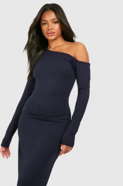 Bodycon Dresses*boohoo Ruched Bardot Long Sleeve Modal Maxi Dress navy