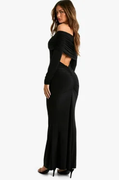 Maxi Dresses*boohoo Ruched Bardot Slinky Maxi Dress black