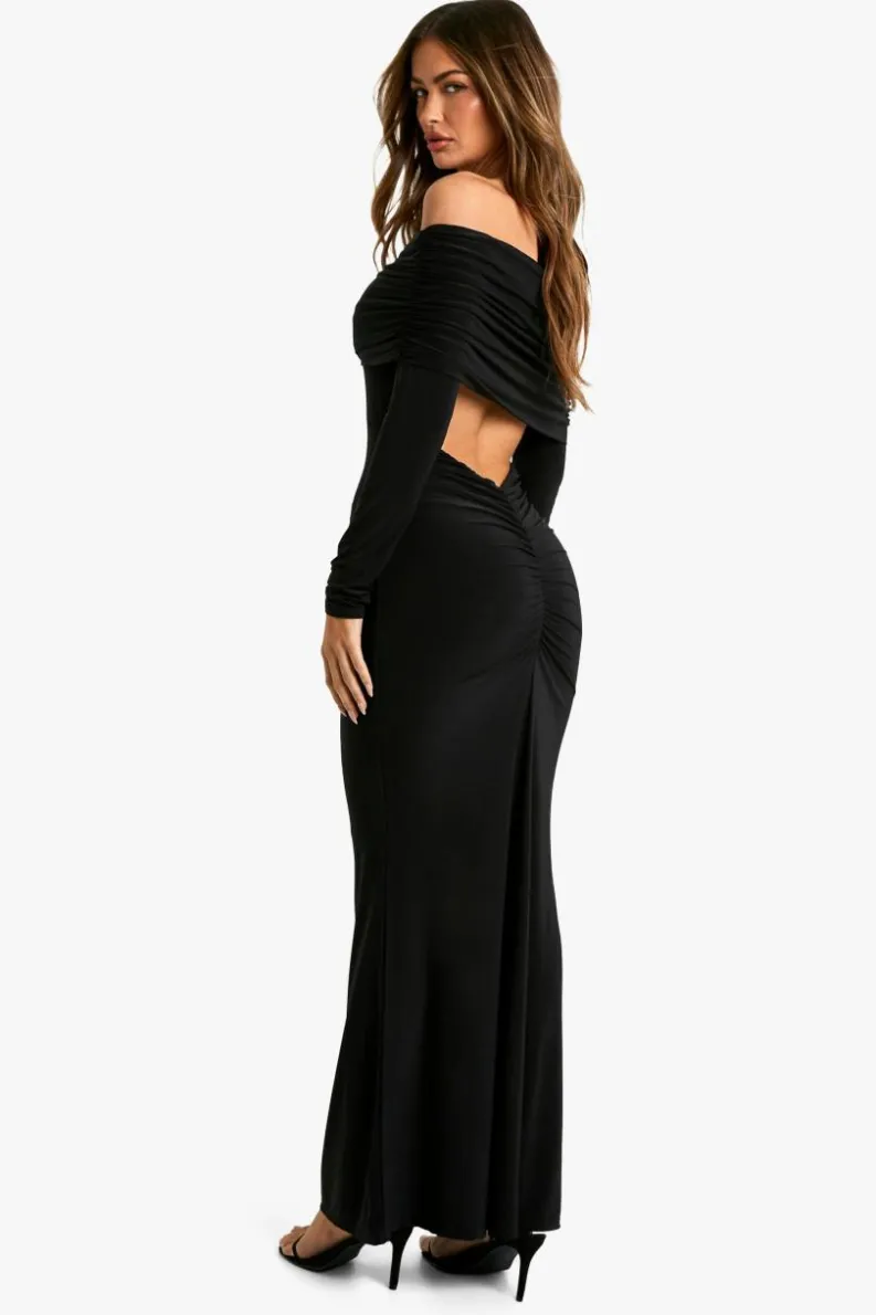 Maxi Dresses*boohoo Ruched Bardot Slinky Maxi Dress black