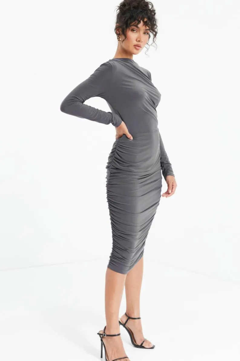 Midi Dresses*Quiz Ruched Bodycon Midi Dress Grey