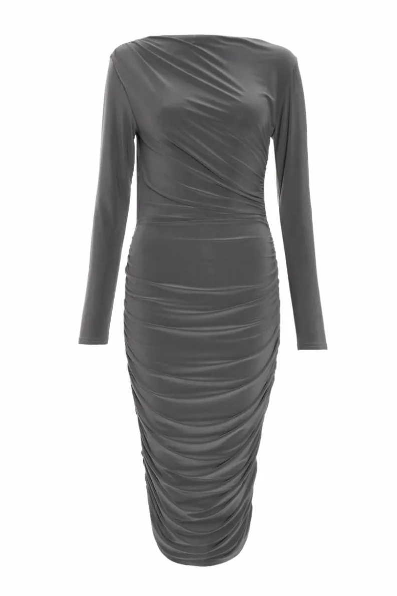 Midi Dresses*Quiz Ruched Bodycon Midi Dress Grey