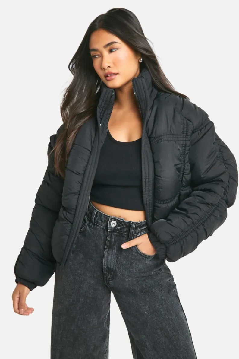 Up To 80% Off Winter Warmers|Puffer Jackets*boohoo Ruched Detail Puffer Jacket black