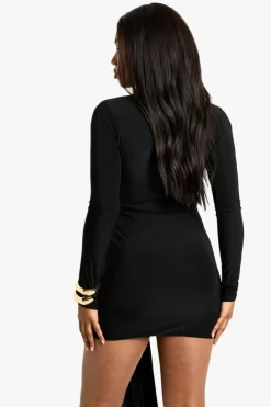 Bodycon Dresses*boohoo Ruched Front Drape Long Sleeve Mini Dress black